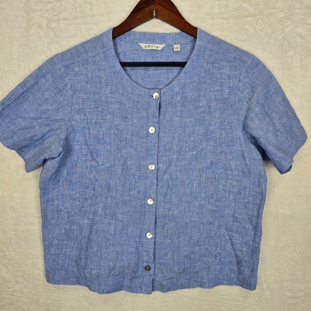 Orvis Womens Blue 100% Linen Short Sleeve Button Up boxy Blouse Top Size Medium
